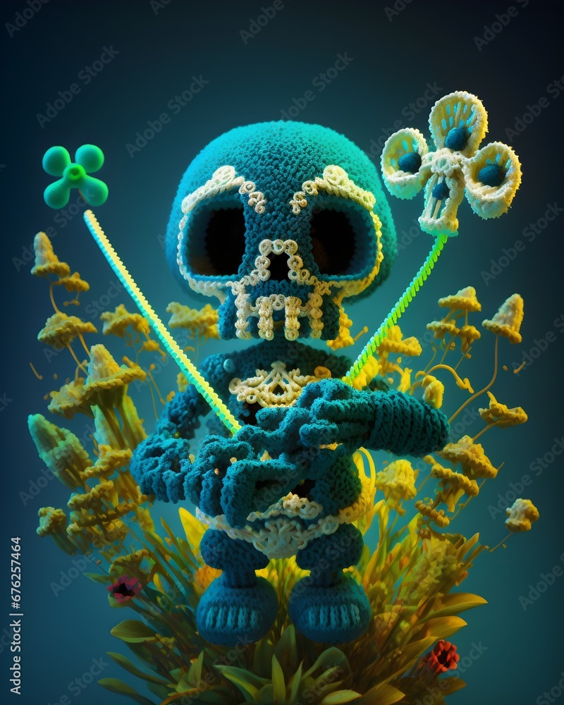 sweet and tender knitted skeletons that create a scary composition