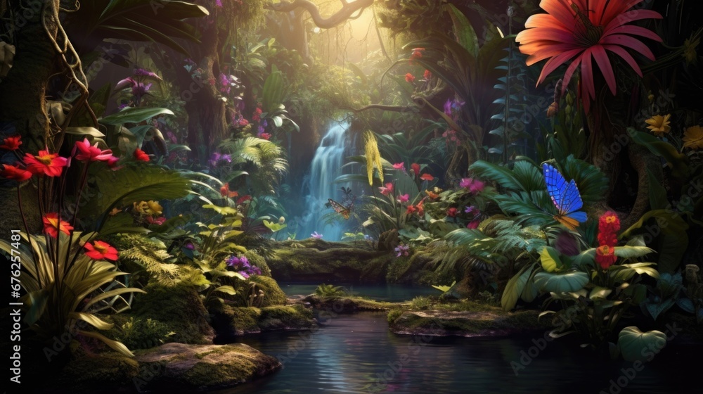 Lush tropical forest, vibrant flowers, cascading waterfall. Natures tranquility.