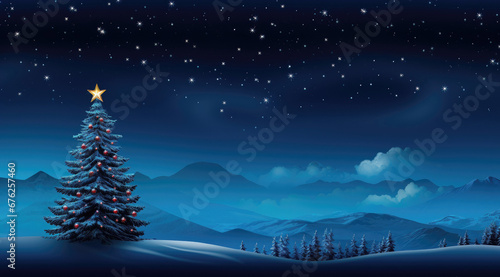Illustrated tree under starry sky with mountains