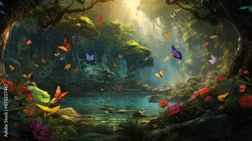 Lush forest oasis with vibrant butterflies and serene pond. Nature and wildlife. © Postproduction