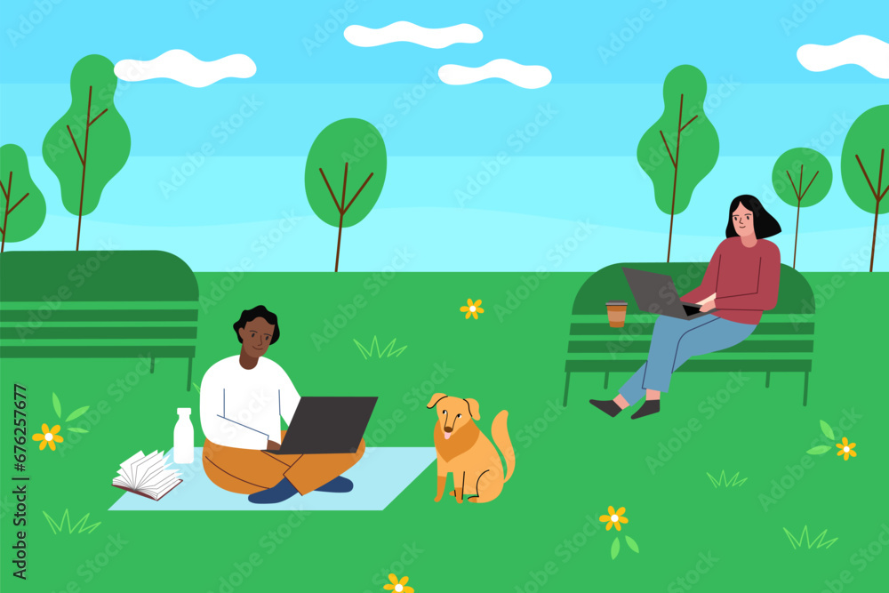 Obraz premium Freelancers with laptops work in park. Remote employment with free schedule, people in fresh air, outdoor activity, vector illustration