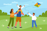 Happy family walks in nature. Cute kids and parents are flying kite, cartoon couple with sons, holiday outdoor activity, vector illustration