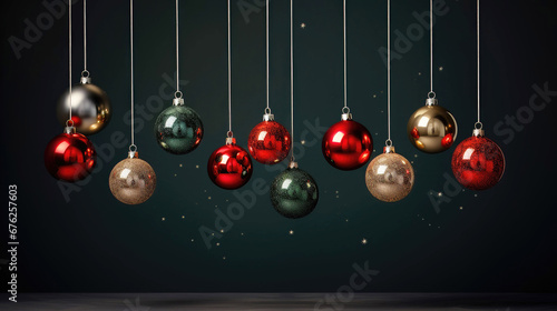 Shiny baubles in a row on dark green backdrop