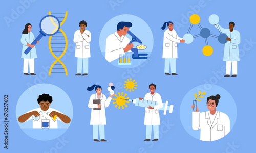 Cartoon scientists characters. Chemical laboratory workers, lab researchers, antiviral remedies invention, studying bacteria, vector set