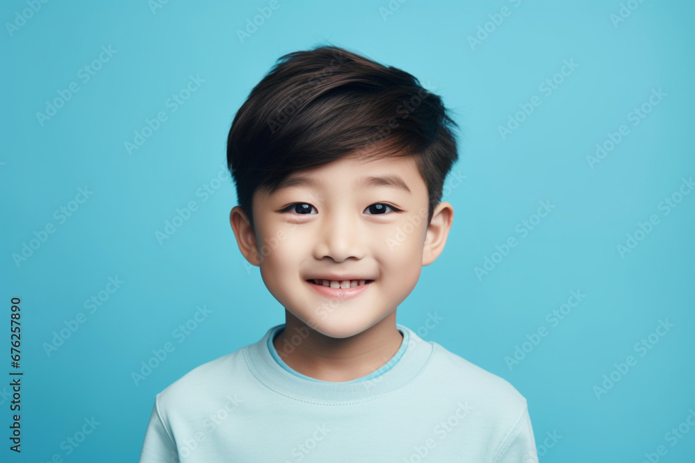 Portrait of a cute little asian boy wearing casual clothes while smiling and looking excited, Child standing against a blue studio background, Adorable happy little boy safe and alone Portrait of a cute little asian boy wearing casual clothes while smiling and looking excited, Child standing against a blue studio background, Adorable happy little boy safe and alone