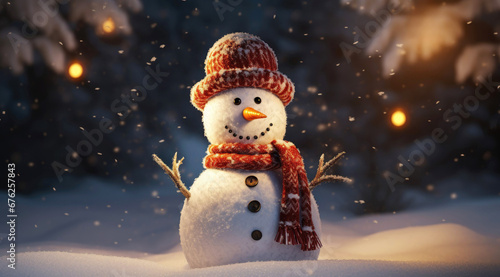 Quirky snowman in bokeh snow landscape with lights © Robert Kneschke