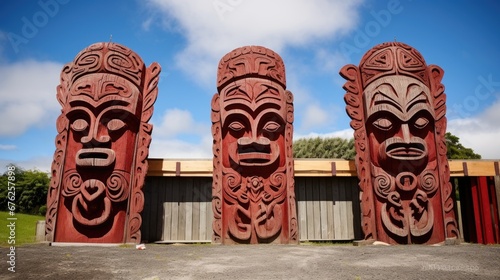 Maori sculptures at the gate of Nga Hau E Wha National Marae on Pages Road. 