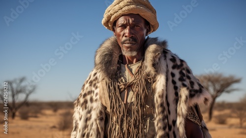 MR bushman of the Kalahari Desert in Botswana. Demonstrating hunting and wearing traditional clothing. 