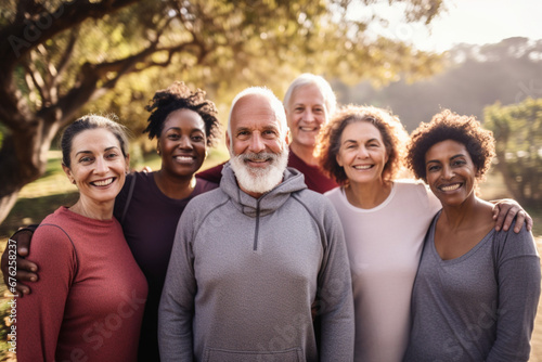 Portrait of a group of senior friends looking down at the camera while standing together, Smiling active senior people standing in a huddle after or before group yoga training in nature photo