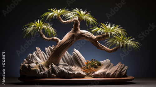 palm tree bonsai with sandstone rock photo