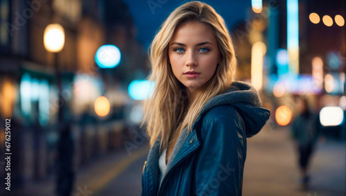 Mujer rubia atractiva con ojos azules , europea en la noche, elegantemente en paisaje urbano moderno con panel de luces de neón photo