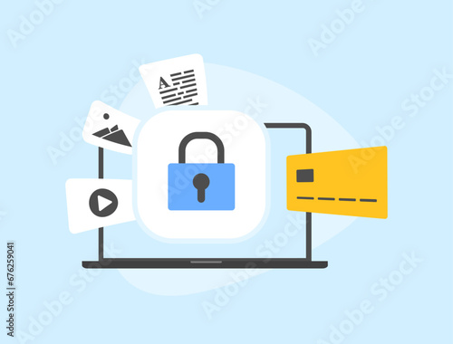 Paywall - monetize content concept. Pay subscription fee to gain access to member private content. Vector illustration isolated on white background with icons