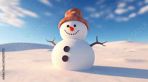 Snowman in a snowy winter glade near the forest with winter background 