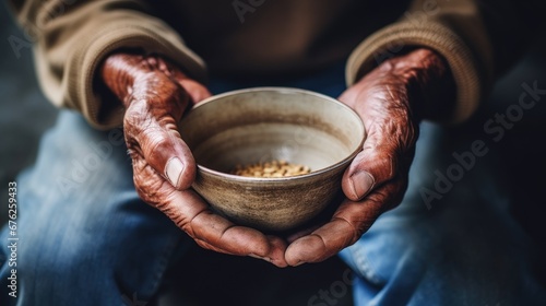The poor old man's hands hold an empty bowl of beg you for help. The concept of hunger or poverty. Selective focus. Poverty in retirement.
 photo