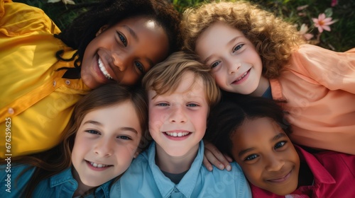 Directly above portrait of children lying on field in yard 