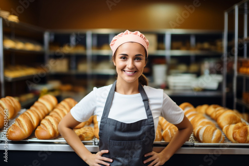 Portrait of beautiful female deli worker in uniform selling fresh pastries and bred in supermarket bakery department