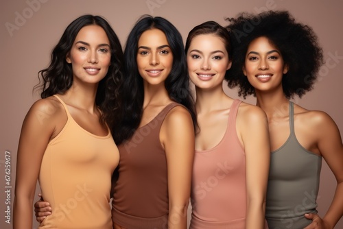 Face portrait, beauty and group of women in studio on gray background. Cosmetics, makeup and diversity of female models with glowing and flawless skin after spa facial treatment posing for skincare.