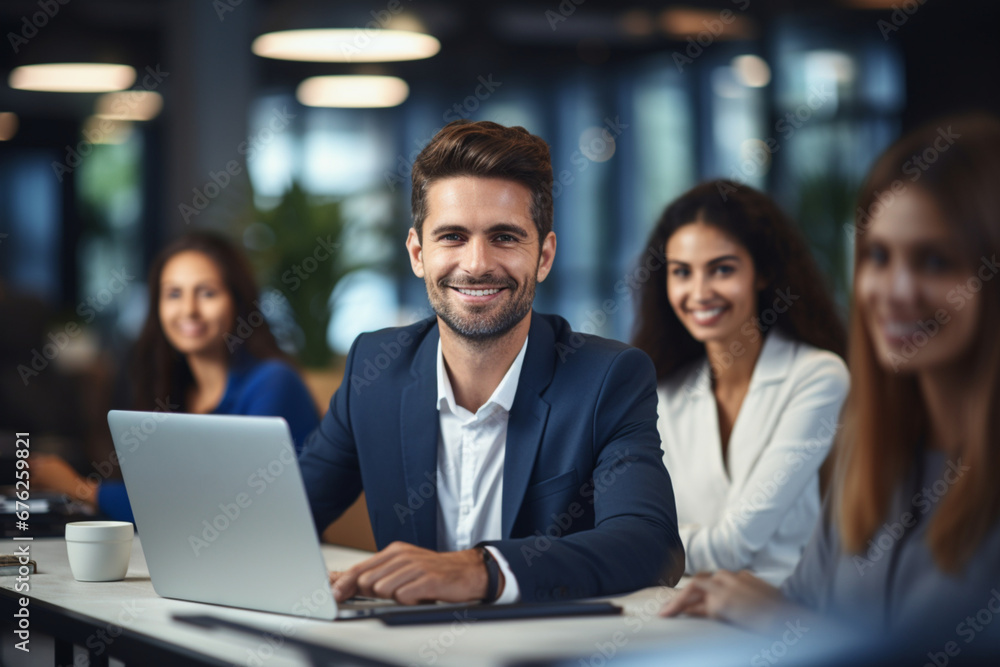 Portrait of cheerful man sits at a conference table across from his two female colleagues and learns to code Portrait of cheerful man sits at a conference table across from his two female colleagues and learns to code