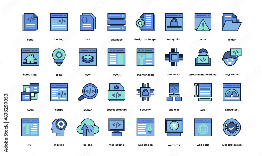 web and software development flat icons set. Simple web development icons for software coding component. web and software development flat icons set. Simple web development icons for software coding component.
