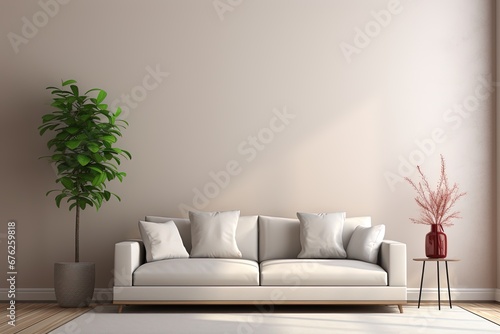 Modern living room interior design with white background wall, white large sofa and artificial plant. Created with Ai