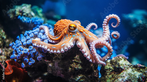 Octopus in water. Swimming animal picture in blue