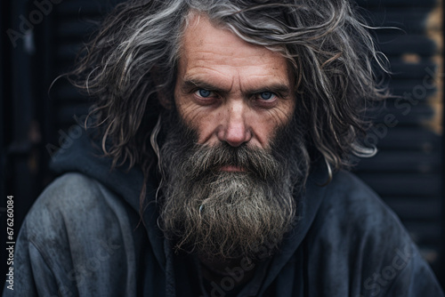 Portrait of homeless man in the street