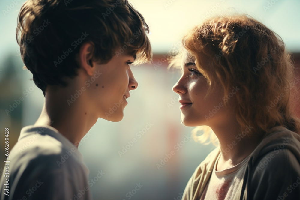 Portrait of teenage boy and girl Watching each other with love Portrait of teenage boy and girl Watching each other with love