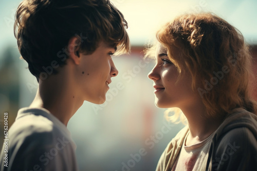 Portrait of teenage boy and girl Watching each other with love