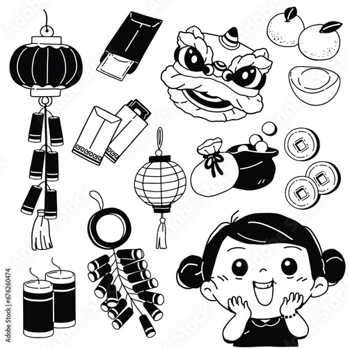 Hand drawn illustration, Doodle illustrations of elements related to Chinese New Year, Doodle style, Cartoon doodle hand drawn pattern, Line art vector illustration.