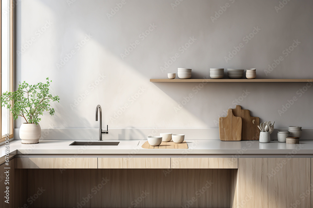 Interior of modern kitchen with countertop, sink, faucet and plant Interior of modern kitchen with countertop, sink, faucet and plant