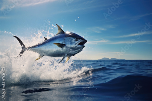 Bluefin tuna jumps out and flies overwater © Veniamin Kraskov