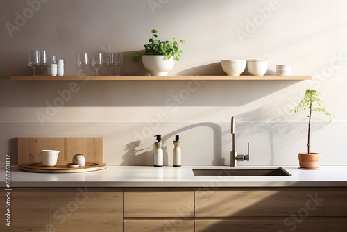 Interior of modern kitchen with countertop  sink  faucet and plant