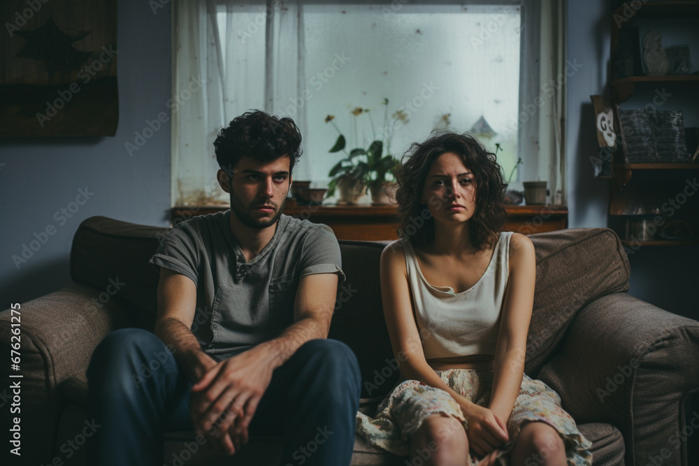 sad couple sitting on the couch in home - obrazy, fototapety, plakaty 
