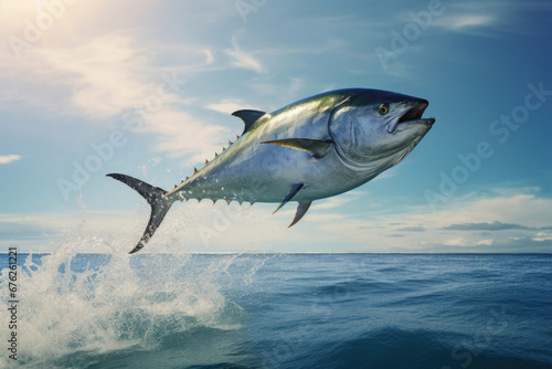 Bluefin tuna jumps out and flies overwater