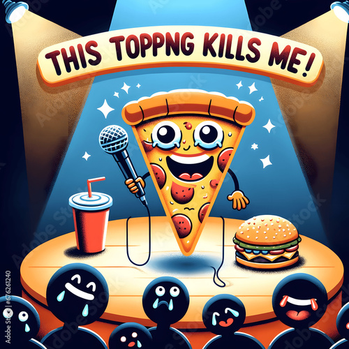 Vector clipart of a slice of pizza holding a microphone on a stand-up comedy stage with a spotlight shining down, with the text 'This topping kills me.png Generative AI