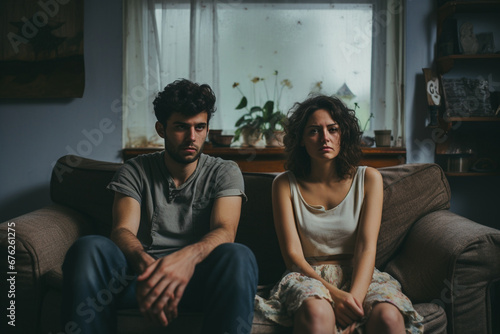 Fotografia sad couple sitting on the couch in home