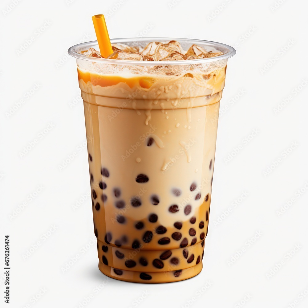 Light brown creamy bubble tea with milk and black tapioca with a green straw in a transparent cup isolated on white
Light brown creamy bubble tea with milk and black tapioca with a green straw in a transparent cup isolated on white