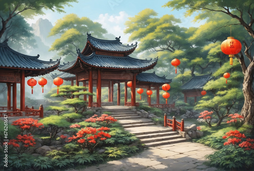 Chinese lantern painting hanging in the middle of the garden. without people. with Chinese painting style