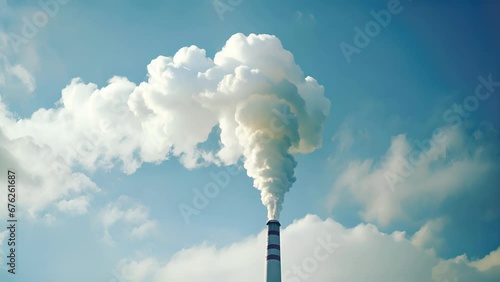 A detailed view of an industrial chimney spewing smoke against a clear sky, representing uncompensated carbon emissions. photo