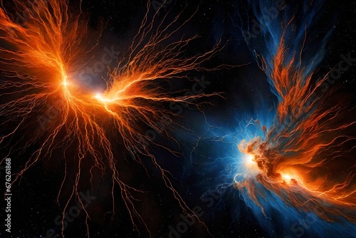 A cosmic clash of orange and blue lightning illuminating the cosmos.