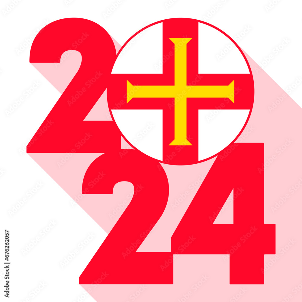 Obraz premium Happy New Year 2024, long shadow banner with Guernsey flag inside. Vector illustration.