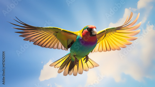 Gouldian Finch framed by a vibrant rainbow arching across the tropical skies Ai Generative © SK