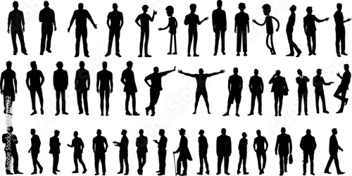 Silhouette people vector illustration isolated on white background. Various poses standing, walking, running, jumping, dancing, sitting, waving, cheering, stretching, exercising. Men, adults #676262022