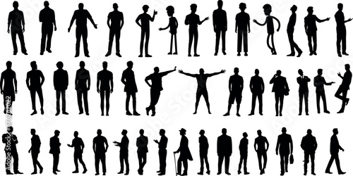 Silhouette people vector illustration isolated on white background. Various poses standing, walking, running, jumping, dancing, sitting, waving, cheering, stretching, exercising. Men, adults