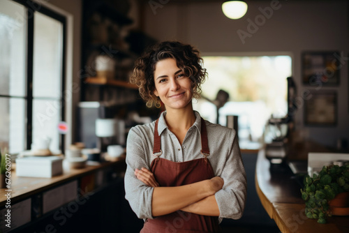 Smiling coffee shop owner standing on her workplace with arms crossed