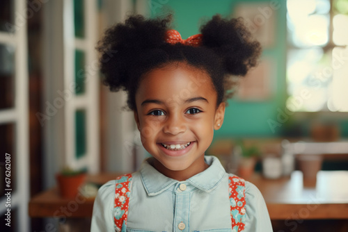 Smiling cute little african american girl with two pony tails looking at camera, Portrait of happy female child at home