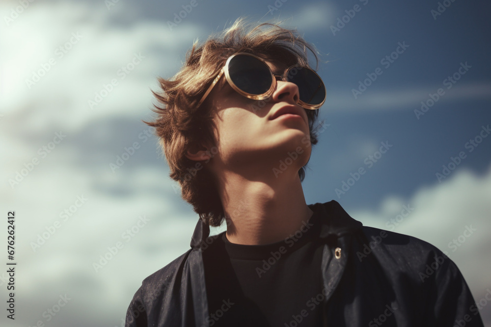 stylish teenage boy looking at solar eclipse wearing the proper protective eyeglasses stylish teenage boy looking at solar eclipse wearing the proper protective eyeglasses