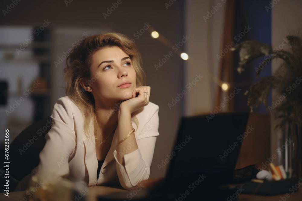 Thoughtful woman designer sitting at work in office Thoughtful woman designer sitting at work in office