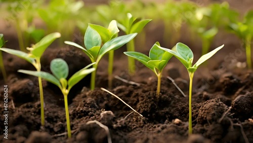 A closeup shot of seedlings planted in rich, black soil, symbolizing hope and efforts to reintroduce carbon sequestering organisms into the environment. photo