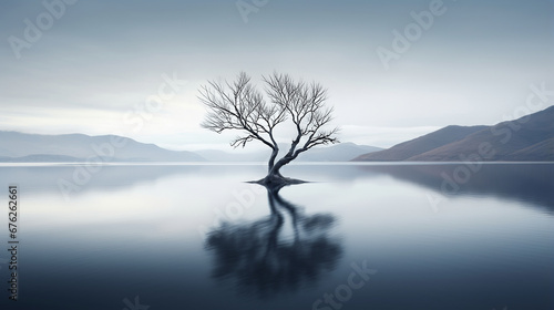 Fotografija Lonely tree in midst of bleak lake creates melancholic atmosphere evoking sense